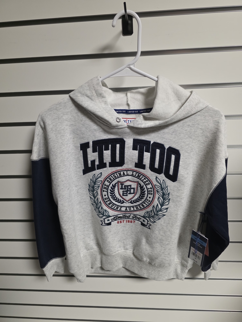 Limited Too Gray Hoodie with Navy Sleeve Panels and Crest